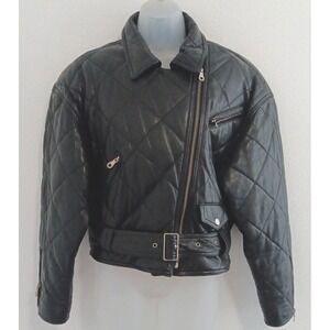 Green Field Leather Jacket Womens Medium MOTO Black Belted Motorcycle Grunge VTG